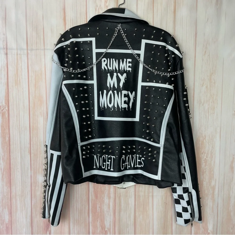 Azalea Wang Studded Black and White Graffiti Faux Leather Moto Jacket (1x) - Picture 12 of 16